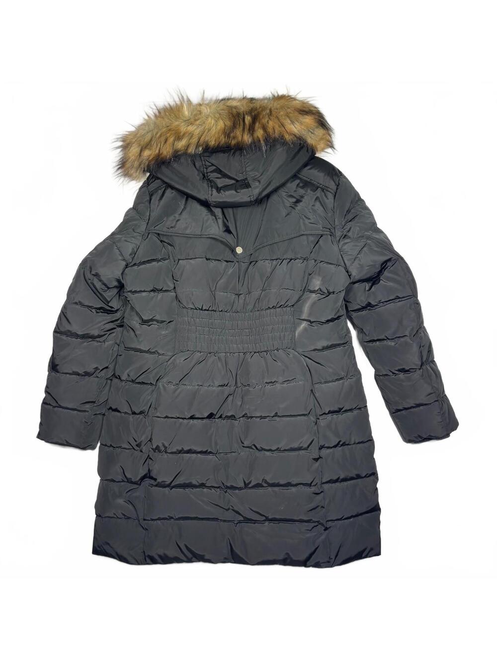 Michael Kors Women XL Black Long Puffer Coat Faux Fur Hood Gold Zip - Picture 2 of 11